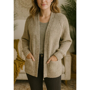 I.B. Diffusion Chunky Knit Ribbed Cardigan Sweater Marled Beige Brown Medium